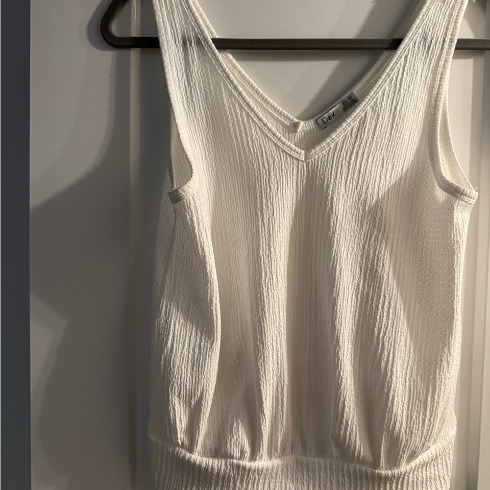 White V-Neck Textured Tank With Banded Bottom.
